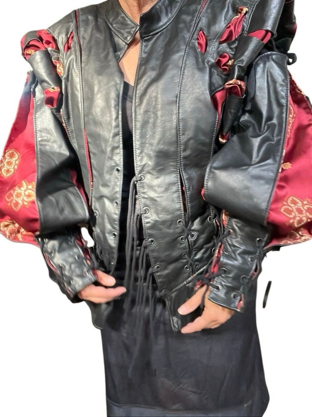 VTG Black Leather & Red Tapestry Corset Jacket/Vest Women’s M/L
